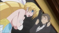 Rule 34 | 1boy, 1girl, ahoge, angry, animated, animated gif, blonde hair, blue eyes, blush, bouncing breasts, breast hold, breast slip, breasts, choker, covering privates, covering breasts, crossed arms, drill hair, dutch angle, earrings, elbow gloves, embarrassed, closed eyes, formal, gloves, hino akiharu, huge breasts, jewelry, ladies versus butlers!, large breasts, lipstick, long hair, lowres, makeup, necklace, nipples, open mouth, scar, sernia iori flameheart, suit, surprised, tears, twin drills, twintails, very long hair, white gloves