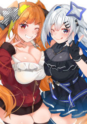 Rule 34 | 2girls, :p, absurdres, ahoge, alternate breast size, amane kanata, amane kanata (work), angel, bare arms, bare shoulders, belt, between breasts, black dress, black gloves, black ribbon, black thighhighs, blonde hair, blue belt, blue eyes, blue hair, blue skirt, blue thighhighs, blunt bangs, blush, bow, breast press, breasts, camisole, cleavage, collarbone, colored inner hair, commentary, cowboy shot, diagonal-striped bow, dragon girl, dragon horns, dress, frilled camisole, frilled dress, frills, gloves, gradient skirt, grin, hair between eyes, hair ornament, hair ribbon, hairclip, halo, hand up, highres, hololive, horn bow, horn ornament, horns, jacket, jewelry, kiryu coco, kiryu coco (loungewear), large breasts, lips, long hair, long sleeves, looking at viewer, miniskirt, multicolored hair, multiple girls, neck ribbon, necklace, off shoulder, official alternate costume, one eye closed, open clothes, open jacket, orange hair, partially fingerless gloves, partially unzipped, pendant, pink hair, pleated skirt, red eyes, red jacket, ribbon, side-by-side, silver hair, simple background, single hair intake, skirt, sleeves past wrists, smile, star halo, streaked hair, striped, striped bow, symmetrical docking, thighhighs, tonarikeru, tongue, tongue out, track jacket, twintails, v, very long hair, virtual youtuber, w, white background, white camisole, zettai ryouiki, zipper, zipper pull tab