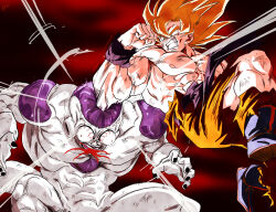 Rule 34 | 2boys, abs, angry, attack, biceps, blonde hair, blood, blood spray, boots, bulging eyes, clenched teeth, dragon ball, dragonball z, fighting, frieza, highres, looking at another, male focus, motion lines, multiple boys, muscular, muscular male, open mouth, outdoors, pants, pectorals, red sky, sash, signature, sky, son goku, spiked hair, stynl f, super saiyan, super saiyan 1, tail, teeth, torn clothes, wide-eyed, wristband