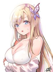 Rule 34 | 1girl, bare shoulders, blonde hair, blue eyes, blush, boku wa tomodachi ga sukunai, bra, breast hold, breasts, butterfly hair ornament, cleavage, collarbone, commentary request, covered erect nipples, hair between eyes, hair ornament, head tilt, kashiwazaki sena, kuri choko, large breasts, long hair, off shoulder, parted lips, revision, shirt, signature, simple background, solo, sweat, sweatdrop, underwear, upper body, very long hair, white background, white bra, white shirt