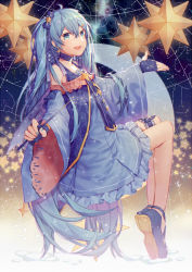 Rule 34 | 1girl, ahoge, blue dress, blue eyes, blue footwear, blue gloves, blue hair, capricorn (constellation), choker, constellation, detached sleeves, dress, earrings, fingerless gloves, fingernails, from side, full body, gloves, hair ornament, hatsune miku, invisible chair, jewelry, leo (constellation), long hair, looking at viewer, looking back, open mouth, pointing, sitting, solo, star (symbol), thigh strap, tiptoes, very long hair, vocaloid, wenz, wide sleeves, yuki miku