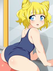 Rule 34 | 1girl, ass, bad hands, bare arms, bare shoulders, blonde hair, blue eyes, blush, highres, leaning forward, looking back, minami mirei, one-piece swimsuit, plar0846, pretty series, pripara, shiny skin, solo, swimsuit