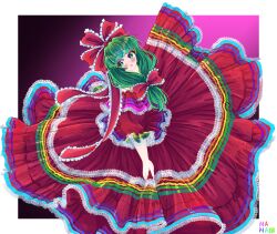 Rule 34 | 1girl, absurdres, blush, commentary, dress, english commentary, frilled dress, frilled ribbon, frills, front ponytail, full body, gradient background, green eyes, green hair, hair ribbon, hat, hat ribbon, highres, kagiyama hina, looking at viewer, medium hair, nanaii desu, open mouth, purple background, red dress, red ribbon, ribbon, signature, solo, touhou