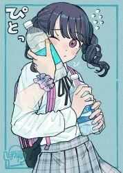 2girls backpack bag black_hair black_ribbon blue_background bottle bottle_to_cheek commentary_request disembodied_hand flying_sweatdrops fukumaru_koito grey_skirt highres holding holding_bottle idolmaster idolmaster_shiny_colors long_sleeves looking_at_viewer multiple_girls neck_ribbon one_eye_closed paayan_(hagakinorock54) plaid_clothes plaid_skirt pleated_skirt pocari_sweat purple_eyes ribbon school_uniform shirt skirt solo_focus twintails water_bottle white_shirt yellow_nails