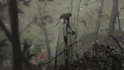 Rule 34 | 1girl, absurdres, bamboo, bamboo forest, black hair, brown hair, chinese clothes, elf, forest, green horns, hair bun, hanfu, highres, holding, horns, hua ming wink, long hair, looking back, nature, original, outdoors, plant, pointy ears, scenery, single horn, solo