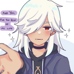 Rule 34 | alternate costume, artist name, black sweater, commentary, cyno (genshin impact), english commentary, english text, genshin impact, grey jacket, highres, jacket, jewelry, makoto 774, necklace, red eyes, simple background, sparkle, sweater, white hair