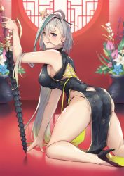 Rule 34 | 1girl, ass, bare shoulders, black dress, breasts, butt crack, china dress, chinese clothes, dress, fate/grand order, fate (series), gradient hair, green hair, grey eyes, hair between eyes, hair ornament, hairpin, high heels, highres, huyan zhuo (fate), large breasts, long hair, looking at viewer, multicolored hair, nakaga eri, pelvic curtain, side slit, smile, solo, streaked hair, very long hair, weapon, white hair