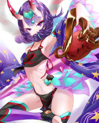 Rule 34 | 1girl, bare shoulders, breasts, chinese clothes, club, club (weapon), collarbone, covered mouth, detached sleeves, dudou, eyeliner, fate/grand order, fate (series), forehead jewel, fundoshi, headpiece, highres, hip focus, horns, japanese clothes, kanabou, leg up, legs, low twintails, makeup, navel, oni, pelvic curtain, purple eyes, purple hair, rope, rubysp 720, sash, short eyebrows, short hair, short twintails, shuten douji (fate), shuten douji (fate/grand order), shuten douji (halloween caster) (fate), skin-covered horns, small breasts, solo, spiked club, star (symbol), star print, thighs, toeless legwear, twintails, weapon, white background