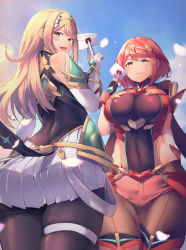 Rule 34 | 2girls, :d, black gloves, blonde hair, blue sky, bob cut, breasts, brown legwear, circlet, closed mouth, cloud, cloudy sky, dress, elbow gloves, envelope, fingerless gloves, gloves, highres, holding, holding envelope, large breasts, long hair, looking at viewer, looking back, multiple girls, mythra (massive melee) (xenoblade), mythra (xenoblade), nintendo, open mouth, outdoors, pantyhose, pantyhose under shorts, petals, pyra (xenoblade), red eyes, red hair, red shorts, short hair, short shorts, shorts, sky, smile, super smash bros., swept bangs, thigh strap, thighhighs, thighs, white dress, white gloves, xenoblade chronicles (series), xenoblade chronicles 2, yatai (ya2taic), yellow eyes