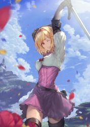 Rule 34 | 1girl, absurdres, arm up, blonde hair, boots, bow, breasts, castle, cloud, cowboy shot, day, djeeta (granblue fantasy), dress, fighter (granblue fantasy), floating island, flower, gauntlets, granblue fantasy, hair intakes, highres, holding, holding own arm, holding sword, holding weapon, long sleeves, looking at viewer, medium breasts, one eye closed, outdoors, petals, pink dress, sheath, short hair, smile, solo, sword, thigh boots, thighhighs, weapon, yasu (segawahiroyasu)