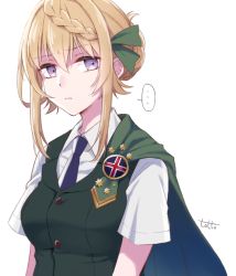 Rule 34 | ..., 1girl, artist name, badge, blonde hair, blue necktie, blush, braid, braided bangs, braided bun, breasts, cape, cloak, commentary request, glaring, green cape, green cloak, green vest, hair bun, kantai collection, looking at viewer, necktie, perth (kancolle), school uniform, shaded face, shirt, short hair, short sleeves, simple background, single hair bun, solo, totto (naka), upper body, vest, white background, white shirt