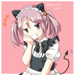 Rule 34 | 10s, 1girl, alternate costume, darkside, enmaided, grin, hair bobbles, hair ornament, kantai collection, looking at viewer, maid, maid headdress, pink eyes, pink hair, sazanami (kancolle), smile, solo, tail, twintails, upper body