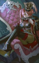 Rule 34 | 1girl, absurdres, belt, boots, breasts, cleavage, closed mouth, coin, crossed legs, gloves, heterochromia, highres, hololive, houshou marine, houshou marine (marching band), jewelry, jyuma, light smile, long hair, see-through, see-through cleavage, sitting, smile, thigh boots, treasure, treasure chest, virtual youtuber