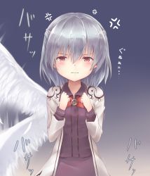 Rule 34 | 1girl, afterimage, angry, blush, bow, bowtie, clenched hands, clenched teeth, cowboy shot, crescent, grey jacket, hair between eyes, hands on own chest, highres, jacket, kishin sagume, kuro (baseball0000), long sleeves, motion blur, open clothes, open jacket, parted lips, red bow, red bowtie, short hair, silver hair, single wing, solo, tareme, teardrop, tears, teeth, text focus, touhou, white wings, wings