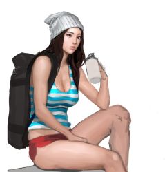 Rule 34 | 1girl, beanie, breasts, brown eyes, brown hair, cherrylich, cleavage, cup, daeho cha, female focus, hat, large breasts, lips, long hair, mug, realistic, short shorts, shorts, sitting, sketch, solo, tank top