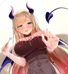 Rule 34 | 1girl, asmr, black sweater, blonde hair, blue eyes, blush, breasts, demon girl, demon horns, demon tail, demon wings, ear cleaning, grey skirt, highres, holding, hololive, horns, large breasts, long hair, looking at viewer, mimikaki, official alternate costume, open mouth, pointy ears, red sweater, ribbed sweater, shinka (yonkun121), skirt, sweater, tail, turtleneck, turtleneck sweater, virtual youtuber, wings, yuzuki choco, yuzuki choco (streetwear)