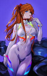 Rule 34 | 1girl, absurdres, arm at side, blue background, blue eyes, bodysuit, breasts, candy, commentary request, covered navel, cowboy shot, curvy, evangelion: 3.0+1.0 thrice upon a time, eyepatch, food, glowing, glowing bodysuit, hairpods, hand up, hermityy, highres, holding, holding candy, holding food, holding lollipop, interface headset, light blush, lollipop, long hair, looking at viewer, medium breasts, neon genesis evangelion, one eye covered, one side up, orange hair, parted lips, pilot suit, plugsuit, rebuild of evangelion, shiny clothes, simple background, skin tight, solo, souryuu asuka langley, tongue, tongue out, turning head, white bodysuit, wide hips