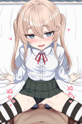 Rule 34 | 1boy, 1girl, arm support, black panties, black thighhighs, blue eyes, blush, breasts, censored, clothed sex, clothing aside, collared shirt, green skirt, hair between eyes, heart, hetero, highres, light brown hair, long hair, long sleeves, looking at viewer, mosaic censoring, neck ribbon, open mouth, original, panties, panties aside, penis, pleated skirt, pov, pussy, red ribbon, ribbon, sex, shirt, skirt, small breasts, smile, solo focus, spread legs, striped clothes, striped thighhighs, sweat, thighhighs, twintails, two-tone thighhighs, underwear, vaginal, white shirt, white thighhighs, yakob labo