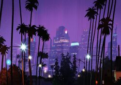 Rule 34 | brush stroke, building, city, city lights, cityscape, clear sky, diffraction spikes, glowing, highres, house, lamppost, night, night sky, no humans, original, outdoors, palm tree, plant, poupee (capo sung), purple sky, scenery, sky, skyscraper, tree