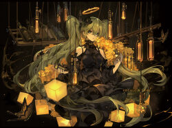 Rule 34 | 1girl, black dress, bottle, bug, butterfly, dress, flower, green eyes, green hair, halo, hatsune miku, insect, light bulb, long hair, looking at viewer, saberiii, solo, twintails, very long hair, vocaloid, wine bottle