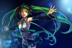 Rule 34 | 1girl, armpits, bad id, bad pixiv id, detached sleeves, feng you, floating hair, green eyes, green hair, hatsune miku, long hair, matching hair/eyes, necktie, open mouth, outstretched arms, skirt, solo, spread arms, twintails, very long hair, vocaloid