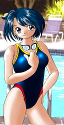 Rule 34 | 1girl, black eyes, competition swimsuit, cowboy shot, goggles, goggles around neck, green hair, one-piece swimsuit, outdoors, photo background, pool, pool ladder, poolside, short hair, smile, solo, standing, swimsuit