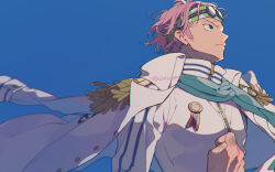 1boy blue_neckerchief blue_sky clenched_hand closed_mouth coat coat_on_shoulders commentary epaulettes eyewear_on_head floating_clothes from_below glasses green_headband headband highres koby_(one_piece) male_focus medal neckerchief one_piece paruma_umu pink_hair short_hair sidelocks sky solo symbol-only_commentary upper_body