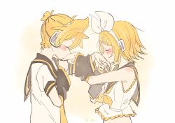 Rule 34 | 1boy, 1girl, artist name, bare shoulders, blonde hair, blush, bow, brother and sister, crop top, detached sleeves, flat chest, hair bow, hair ornament, hairclip, hand grab, headphones, headset, hetero, highres, incest, kagamine len, kagamine rin, kiss, kissing hand, m0ti, midriff, sailor collar, short hair, short ponytail, siblings, sketch, twins, twitter username, upper body, vocaloid
