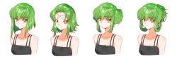 Rule 34 | 1girl, alternate hairstyle, bare shoulders, black dress, breasts, c.c., cleavage, closed mouth, code geass, creayus, dress, facial mark, forehead mark, green hair, looking at viewer, medium breasts, multiple views, short hair, simple background, upper body, white background, yellow eyes