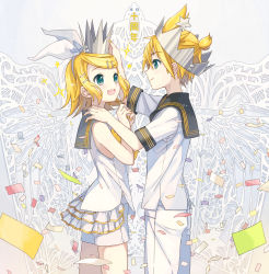 Rule 34 | 1boy, 1girl, :d, aqua eyes, blonde hair, brother and sister, cowboy shot, crown, eye contact, hair ribbon, hairband, hand on another&#039;s shoulder, highres, ixima, kagamine len, kagamine rin, layered skirt, looking at another, miniskirt, open mouth, own hands together, pants, ribbon, shirt, short hair, short shorts, short sleeves, shorts, siblings, skirt, sleeveless, sleeveless shirt, smile, standing, vocaloid, white hairband, white pants, white ribbon, white shirt, white shorts, white skirt