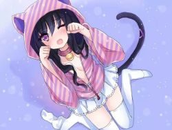 Rule 34 | animal ears, animal hood, bell, black hair, blush, breasts, cat ears, cat tail, collar, gradient background, hood, hoodie, neck bell, no bra, one eye closed, open clothes, open hoodie, open mouth, paw pose, purple eyes, sitting, skirt, tagme, tail, tears, thighhighs, unzipped, wariza, wavy hair, white legwear, wink