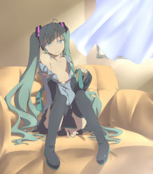 Rule 34 | 1girl, boots, couch, curtains, detached sleeves, digi-ai, green eyes, green hair, hatsune miku, headset, highres, long hair, matching hair/eyes, nail polish, necktie, off shoulder, open clothes, open shirt, shirt, sitting, skirt, smile, solo, thigh boots, thighhighs, twintails, undressing, very long hair, vocaloid, window