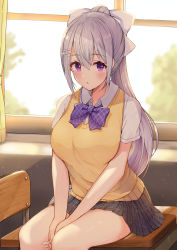 Rule 34 | 1girl, absurdres, between legs, blurry, blurry background, bow, breasts, chair, collared shirt, commentary request, curtains, day, depth of field, desk, dress shirt, grey skirt, hair between eyes, hair bow, hair ornament, hairclip, hand between legs, high ponytail, highres, higuchi kaede, higuchi kaede (3rd costume), indoors, large breasts, long hair, mole, mole under eye, nijisanji, own hands clasped, own hands together, plaid, plaid skirt, pleated skirt, ponytail, purple eyes, racchi., school chair, school desk, school uniform, shirt, short sleeves, silver hair, sitting, skirt, solo, sunlight, sweater vest, very long hair, virtual youtuber, white bow, white shirt, window