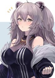 Rule 34 | 1girl, ahoge, animal ear fluff, animal ears, bare shoulders, black jacket, black shirt, breasts, brown eyes, cleavage, closed mouth, crop top, earrings, enumiyaa, fur trim, grey hair, hair between eyes, highres, hololive, jacket, jewelry, large breasts, lion ears, long hair, looking at viewer, necklace, notice lines, off shoulder, open clothes, open jacket, see-through, see-through cleavage, shirt, shishiro botan, shishiro botan (1st costume), sleeveless, sleeveless shirt, solo, two-tone background, upper body, virtual youtuber