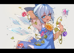 Rule 34 | circled 9, 1girl, :d, arm behind head, arm up, black border, blue bow, blue dress, blue eyes, blue hair, blush, border, bow, cirno, cowboy shot, dress, fang, flower, frozen flower, hair bow, highres, ice, ice wings, leaf, letterboxed, morning glory, open mouth, plant, puffy short sleeves, puffy sleeves, shirt, short hair, short sleeves, simple background, skin fang, small rabbit, smile, solo, sunflower, tanned cirno, touhou, vines, water drop, white background, white shirt, wings