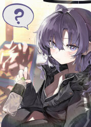 Rule 34 | 1girl, ?, black jacket, blue archive, blush, bottle, breasts, cleavage, closed mouth, commentary, english commentary, hair between eyes, halo, highres, holding, holding bottle, jacket, large breasts, long hair, long sleeves, looking at viewer, mechanical halo, movik, purple eyes, purple hair, solo, spoken question mark, two side up, yuuka (blue archive)