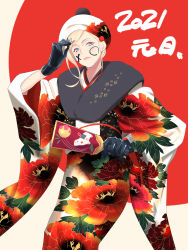 Rule 34 | 1girl, 2021, black gloves, blonde hair, blue eyes, body writing, commentary request, cowboy shot, drawing on another&#039;s face, floral print, gloves, hagoita, highres, japanese clothes, kantai collection, kimono, leaning forward, looking at viewer, mole, mole under eye, mole under mouth, new year, official alternate costume, paddle, richelieu (kancolle), shingyou (alexander-13), solo, standing, white headwear, white kimono