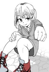 Rule 34 | 1girl, cardigan, clenched hand, cobblestone, dithering, hand on own knee, highres, knees up, long sleeves, looking at viewer, medium hair, monochrome, nanann (zxcv2186), original, red footwear, red theme, shorts, sitting, smile, solo, spot color