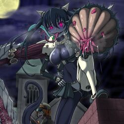 Rule 34 | 1girl, 2girls, arm cannon, bikini, black skirt, blonde hair, blue hair, blue skin, blush, breasts, brick, church, cloud, colored skin, commentary request, cyborg, drooling, elbow on knee, extra arms, fang, fangs, forked tongue, full moon, gint=ktouka, glasgow smile, glowing, glowing eyes, goggles, goggles on head, green eyes, hair between eyes, hand on own hip, helmet, highres, horns, knee up, lamia, lamiaroid, large breasts, long hair, long tongue, looking at viewer, mechanical arms, mechanical legs, mechanical parts, mon-musu quest!, monster girl, moon, multiple girls, navel, night, night sky, organic, outdoors, pink eyes, prosthesis, prosthetic leg, raised eyebrow, saliva, saliva on breasts, single mechanical leg, skin fang, skirt, sky, smile, solo focus, suggestive fluid, swimsuit, tongue, tongue out, trooperoid, tube, twintails, uneven eyes, very long hair, weapon, white bikini, white horns
