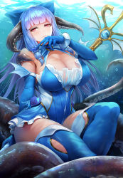 Rule 34 | 1girl, bare shoulders, blue bow, blue gloves, blue hair, blue one-piece swimsuit, blue thighhighs, blunt bangs, bow, breasts, cleavage, cleavage cutout, clothing cutout, curvy, elbow gloves, gem, gloves, hair bow, hair ornament, heart, heart hair ornament, highres, large breasts, long hair, looking at viewer, monster girl, obaoba (monkeyix), one-piece swimsuit, original, polearm, red eyes, sidelocks, solo, swimsuit, tentacles, thighhighs, thighs, trident, underwater, very long hair, weapon