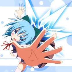 Rule 34 | 1girl, blue eyes, blue hair, blush, bow, cirno, do (4-rt), foreshortening, hair bow, ice, ice wings, matching hair/eyes, open mouth, short hair, short sleeves, solo, touhou, wings