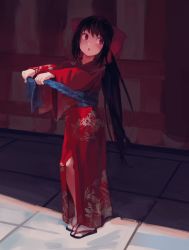 Rule 34 | 1girl, :o, aged down, black hair, bow, full body, hair bow, japanese clothes, kimono, long hair, noccu, noihara himari, omamori himari, open mouth, outstretched arms, purple eyes, red bow, red kimono, sandals, sash, shichi-go-san, socks, solo, standing, very long hair, white socks, wide sleeves