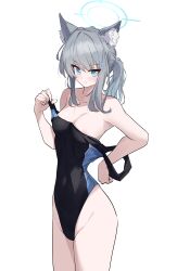 Rule 34 | 1girl, absurdres, animal ear fluff, animal ears, black one-piece swimsuit, blue archive, blue eyes, breasts, clothes pull, competition swimsuit, covered navel, cross hair ornament, extra ears, grey hair, hair ornament, halo, highres, low ponytail, medium breasts, medium hair, mismatched pupils, multicolored clothes, multicolored swimsuit, official alternate costume, one-piece swimsuit, one-piece swimsuit pull, shiroko (blue archive), shiroko (swimsuit) (blue archive), simple background, solo, standing, strap slip, swimsuit, undressing, white background, wolf ears, yorozuya (yoroz ryobi)