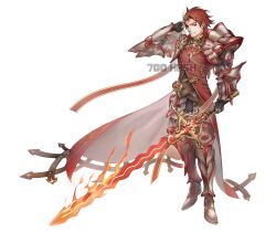 Rule 34 | 1boy, 700hash, armor, armored boots, artist name, boots, closed mouth, fire, gauntlets, granblue fantasy, highres, holding, holding sword, holding weapon, looking at viewer, male focus, pauldrons, percival (granblue fantasy), red armor, red hair, short hair, shoulder armor, simple background, smile, solo, sword, weapon, white background