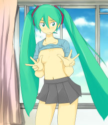 Rule 34 | 00s, 1girl, aqua eyes, aqua hair, artist request, breasts, closed mouth, clothes lift, cloud, covering privates, covering nipples, curtains, double v, flying sweatdrops, hatsune miku, highres, long hair, looking at viewer, matching hair/eyes, medium breasts, navel, no bra, shirt, shirt lift, skirt, sky, solo, standing, twintails, v, vocaloid, window