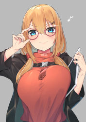 Rule 34 | &gt;:), 1girl, absurdres, adjusting eyewear, alternate costume, arm up, black jacket, blonde hair, blue eyes, blush, breasts, closed mouth, clothes writing, commentary request, eighth note, girls&#039; frontline, glasses, grey background, hair between eyes, hair ornament, hairclip, highres, holding, jacket, kalina (girls&#039; frontline), large breasts, long sleeves, looking at viewer, low twintails, multicolored hair, musical note, open clothes, open jacket, purple-framed eyewear, red hair, red shirt, round eyewear, shirt, simple background, smile, smug, solo, streaked hair, tablet pc, tittu, twintails, unaligned breasts, upper body, v-shaped eyebrows, x hair ornament