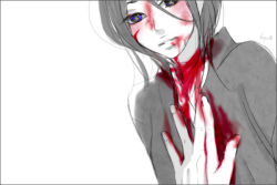 Rule 34 | 00s, 1girl, androgynous, black border, black hair, bleach, blood, blood from mouth, blood on clothes, blood on face, border, closed mouth, expressionless, eyes visible through hair, fuyuo, hair between eyes, hand on another&#039;s chest, kuchiki rukia, lips, pale skin, purple eyes, short hair, simple background, solo focus, upper body, white background