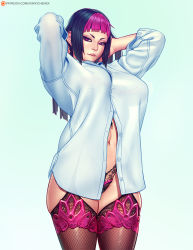 Rule 34 | 1girl, arms up, black garter straps, black hair, black thighhighs, blouse, blue background, blue shirt, blunt bangs, bra visible through clothes, breasts, capcom, commentary, curvy, english commentary, eyeliner, eyeshadow, fishnet thighhighs, fishnets, garter straps, han juri, highleg, highleg panties, lace, lace-trimmed legwear, lace panties, lace trim, large breasts, lingerie, lips, looking at viewer, makeup, multicolored hair, navel, nikichen, paid reward available, panties, parted lips, partially unbuttoned, purple eyes, purple hair, see-through, see-through shirt, shirt, short eyebrows, solo, standing, straight hair, street fighter, teeth, thick thighs, thighhighs, thighs, two-tone hair, underwear, upper teeth only