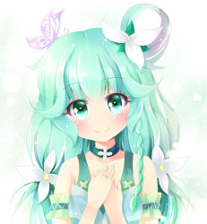 Rule 34 | 1girl, absurdres, ikazu401, bare shoulders, braid, commentary, dress, flower, green eyes, green hair, green nails, hair flower, hair ornament, hands up, head tilt, heart, heart in eye, highres, jewelry, light particles, long hair, looking at viewer, nail polish, original, ring, smile, solo, symbol in eye, upper body