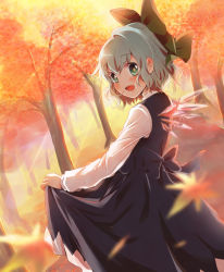 Rule 34 | 1girl, aqua eyes, autumn, blue dress, blue hair, bow, cirno, clothes lift, commentary request, dress, dress lift, fang, hair bow, highres, ice, ice wings, kuromame (8gou), lifted by self, long sleeves, looking at viewer, open mouth, outdoors, short hair, sleeveless, sleeveless dress, smile, solo, touhou, tree, wings